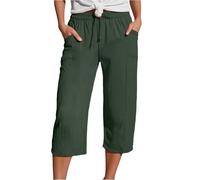 Womens Linen Trousers Elasticated Waist for Summer Cropped Trousers Wide Leg Lightweight Casual Loose Holiday Beach Pants Green