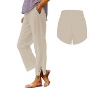 Womens Linen Trousers Elasticated Waist Plus Size Cropped Trousers For Women Uk Solid Color Casual Baggy Wide Leg Pants With Pockets Lightweight Summer Boho Pants Split Side Loose Fit Beach Pant