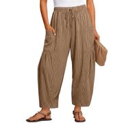 Womens Linen Trousers Jogging Bottoms for Women Women’s Wide Leg Drawstring Pants with Vertical Stripe Print Loose Fit Elastic Waist Casual Everyday Light Brown