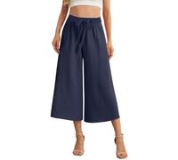Women's Linen Trousers, Wide Leg, 3/4 Length, Palazzo Trousers, Elastic Waist, Work Trousers, Drawstring, Suit Trousers, High Waist, Casual Trousers, Straight Leg, Loose Lounge Trousers, Flowing