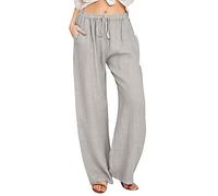 Womens Linen Trousers, Wide Leg Trousers for Women UK, Elasticated Waist, Palazzo Pants, Ladies Summer Pants, Beach (Grey, S)