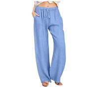 Womens Linen Trousers, Wide Leg Trousers for Women UK, Elasticated Waist, Palazzo Pants, Ladies Summer Pants, Beach (Blue, XXL)