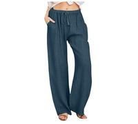 Womens Linen Trousers, Wide Leg Trousers for Women UK, Elasticated Waist, Palazzo Pants, Ladies Summer Pants, Beach (Navy, S)