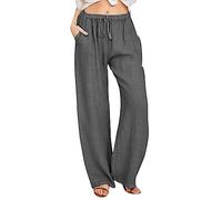 Womens Linen Trousers, Wide Leg Trousers for Women UK, Elasticated Waist, Palazzo Pants, Ladies Summer Pants, Beach (Dark Gray, XXXL)