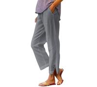 Womens Linen Trousers with Elasticated Waist for Summer Cropped Trousers Wide Leg Lightweight with Pockets Casual Loose Holiday Beach Pants Relaxed Breathable Cotton Linen Straight Leg Pants Grey
