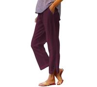 Womens Linen Trousers with Elasticated Waist for Summer Cropped Trousers Wide Leg Lightweight with Pockets Casual Loose Holiday Beach Pants Relaxed Breathable Cotton Linen Straight Leg Pants Wine