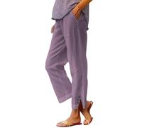 Womens Linen Trousers with Elasticated Waist for Summer Cropped Trousers Wide Leg Lightweight with Pockets Casual Loose Holiday Beach Pants Relaxed Breathable Cotton Linen Straight Leg Pants Hot Pink