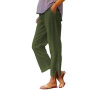 Womens Linen Trousers with Elasticated Waist for Summer Cropped Trousers Wide Leg Lightweight with Pockets Casual Loose Holiday Beach Pants Relaxed Breathable Cotton Linen Straight Leg Pants Green