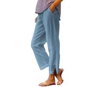 Womens Linen Trousers with Elasticated Waist for Summer Cropped Trousers Wide Leg Lightweight with Pockets Casual Loose Holiday Beach Pants Relaxed Breathable Cotton Linen Straight Leg Pants