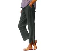 Womens Linen Trousers with Elasticated Waist for Summer Cropped Trousers Wide Leg Lightweight with Pockets Casual Loose Holiday Beach Pants Relaxed Breathable Cotton Linen Straight Leg Pants