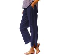 Womens Linen Trousers with Elasticated Waist for Summer Cropped Trousers Wide Leg Lightweight with Pockets Casual Loose Holiday Beach Pants Relaxed Breathable Cotton Linen Straight Leg Pants Navy