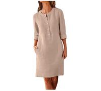 Women's Linen Tunic Dresses Cotton Linen 3/4 Sleeve Crew Neck Midi Dress Retro Knee Length Baggy Pencil Long Dress Solid A-line Tunic Dresses Summer Casual Sundress Beach UK Size 10 12 14 16 18 20 22