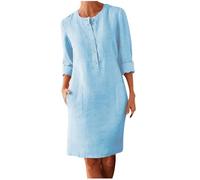 Women's Linen Tunic Dresses Cotton Linen 3/4 Sleeve Crew Neck Midi Dress Retro Knee Length Baggy Pencil Long Dress Solid A-line Tunic Dresses Summer Casual Sundress Beach UK Size 10 12 14 16 18 20 22