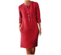 Women's Linen Tunic Dresses Cotton Linen 3/4 Sleeve Crew Neck Midi Dress Retro Knee Length Baggy Pencil Long Dress Solid A-line Tunic Dresses Summer Casual Sundress Beach UK Size 10 12 14 16 18 20 22