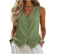 Women'S Linen Vest Casual Button Down Sleeveless Blazer Lightweight V Neck Tank Top Jacket Waistcoat Fitted formal Business Work Waistcoats Suit Top Green Xxl