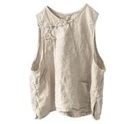 Women's Linen Vest Round Neck Chinese Plate Button Short Sleeveless Loose Solid Color Top with Patch Pocket, Hemp Benjamin, One Size