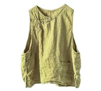 Women's Linen Vest Round Neck Chinese Plate Button Short Sleeveless Loose Solid Color Top with Patch Pocket, Light Green, One Size