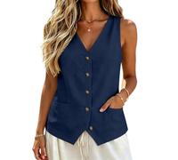 Womens Linen Waistcoat Summer Sleeveless V-Neck Button Down Asymmetrical Hem Business Casual Office Work Suit Vest Lightweight Tank Tops Interview Outfits for Women UK with Pockets