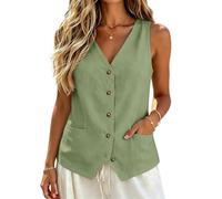 Womens Linen Waistcoat Summer Sleeveless V-Neck Button Down Asymmetrical Hem Business Casual Office Work Suit Vest Lightweight Tank Tops Interview Outfits for Women UK with Pockets