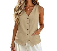 Women's Linen Waistcoats Summer Fashion 2026 V-Neck Sleeveless Button Up Irregular Hem Lightweight Casual Business Office Work Suit Vest Tops Job Interview Clothes for Women with Pockets