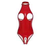 Womens Lingerie Nipples Cups Exotic Teddies Leather Halter Crop Top Zippered Crotch High Cut Bodysuit Wet Look Clubwear Costumes_hc Red D XL