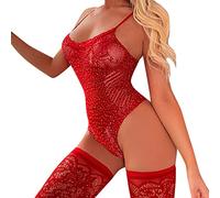 Womens Lingerie Set Sexy Seductive Lace Hollowed Out Suspender Deep V Sexy Rhinestone Fishnet Bodysuit Hot Diamond Mesh Jumpsuits Stockings Perfect for Anniversary Date Night Red