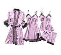 Womens Lingerie Set Sleepwear Lace Satin Negligees Cami Top and Shorts Pjs Set with Robe Summer Pyjamas Sets Babydoll Lingerie Pj Nighties Honeymoon Bridesmaid Nightwear Purple