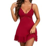 Women's Lingerie Set V-Neck Modal Babydoll Nightdress with lace cups and a-line hem Honeymoon Valentine's Day Bridal Bachelorette Party Lingerie Wine Red