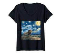 Womens Lion Beneath Starry Sky Van Gogh Celestial Swirls Art Africa V-Neck T-Shirt