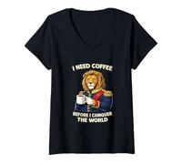 Women's Lion Commander with Coffee Funny Humor Animal Lover V-Neck T-Shirt
