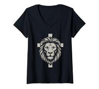 Women's Lion Cross Faith Design Bold Spiritual Art V-Neck T-Shirt