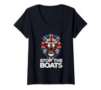 Womens Lion face. Stop The Boats Great Britain Flag V-Neck T-Shirt