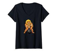 Womens Lion Gym King Kettlebell Workout Fitness Design V-Neck T-Shirt