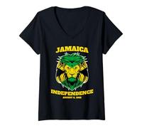 Womens Lion Jamaica Independence Day Jamaican Pride Jamaica Flag V-Neck T-Shirt