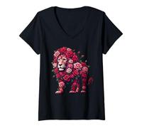 Womens Lion Made of Roses Flower Gardening Floral V-Neck T-Shirt