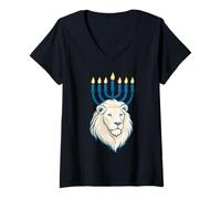 Womens Lion of Judah with A Hanukkah Menorah Jewish Holidays V-Neck T-Shirt