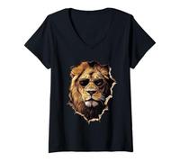 Women's Lion Portrait Looking Through Hole with Sunglasses V-Neck T-Shirt
