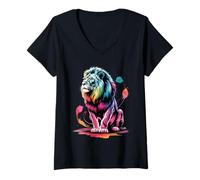 Womens Lion Poster Style Colorful Paint Splatter Art Graphic Splash V-Neck T-Shirt