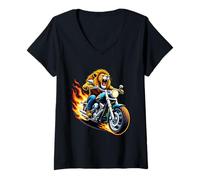 Womens Lion Riding a Motorcycle Design Funny Lion V-Neck T-Shirt