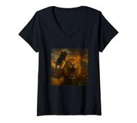 Womens Lion Selfie T-Rex Dinosaur Chase Funny Humor V-Neck T-Shirt