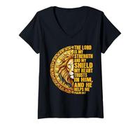 Womens Lion Stained Glass Psalm 28:7 Inspiring Bible Scripture V-Neck T-Shirt