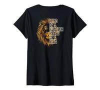 Womens Lion's Mind -Lion's Heart - A King Child of God Art ON Back V-Neck T-Shirt