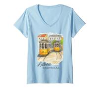 Womens Lisbon Portugal Tram Vintage City Art V-Neck T-Shirt