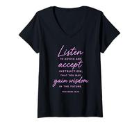 Women's Listen to Advice Gain Wisdom Proverbs 19:20 Scripture Bible V-Neck T-Shirt