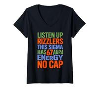 Womens Listen Up Rizzlers This Sigma Has 67 Aura Energy No Cap V-Neck T-Shirt