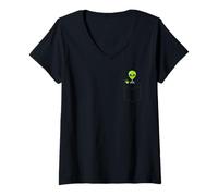 Womens Little Alien Pocket, ET, Spaceship, Area 51 UFO, UAP, Drone V-Neck T-Shirt