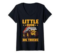 Womens Little Dude Big Trucks Monster Truck V-Neck T-Shirt