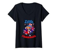 Women's Little Firecracker 4th of July US Flag Pizza Sunglasses V-Neck T-Shirt