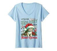 Womens Little Fur Merry Catmas Ugly Christmas Cat Lover Xmas V-Neck T-Shirt