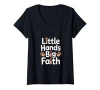 Womens Little Hands Big Faith Christian Kids Church V-Neck T-Shirt